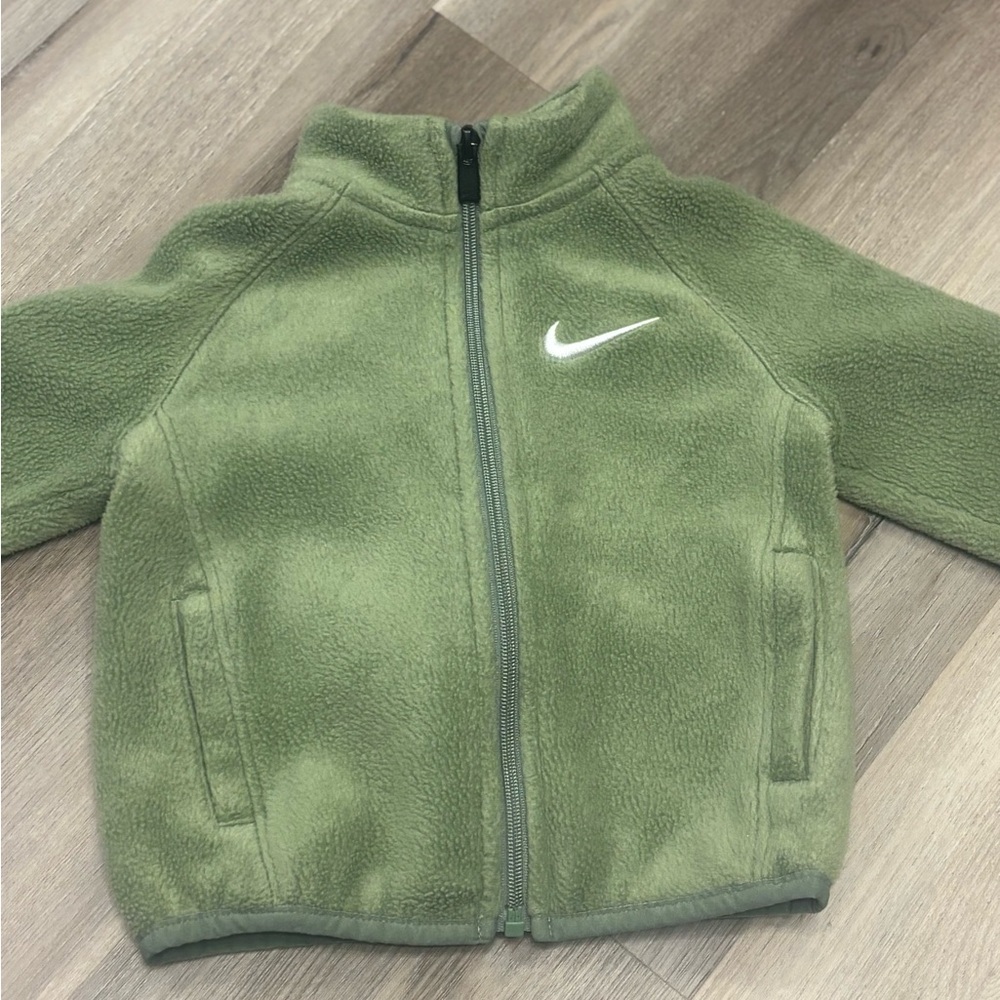 Nike Kids Olive Green Puffer Fleece Jacket with White Swoosh